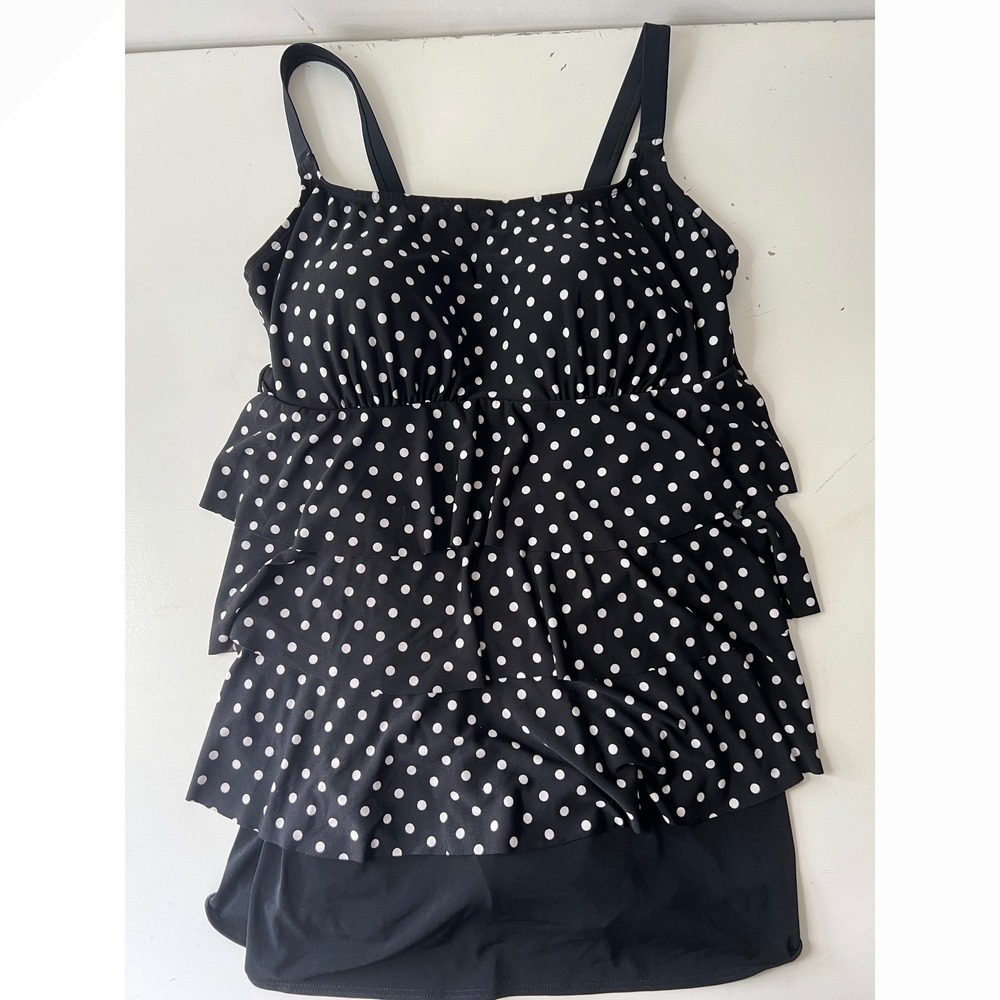 St. John's Bay Women 18W Black Polka Dot Tiered Swimdress One Piece No Wire